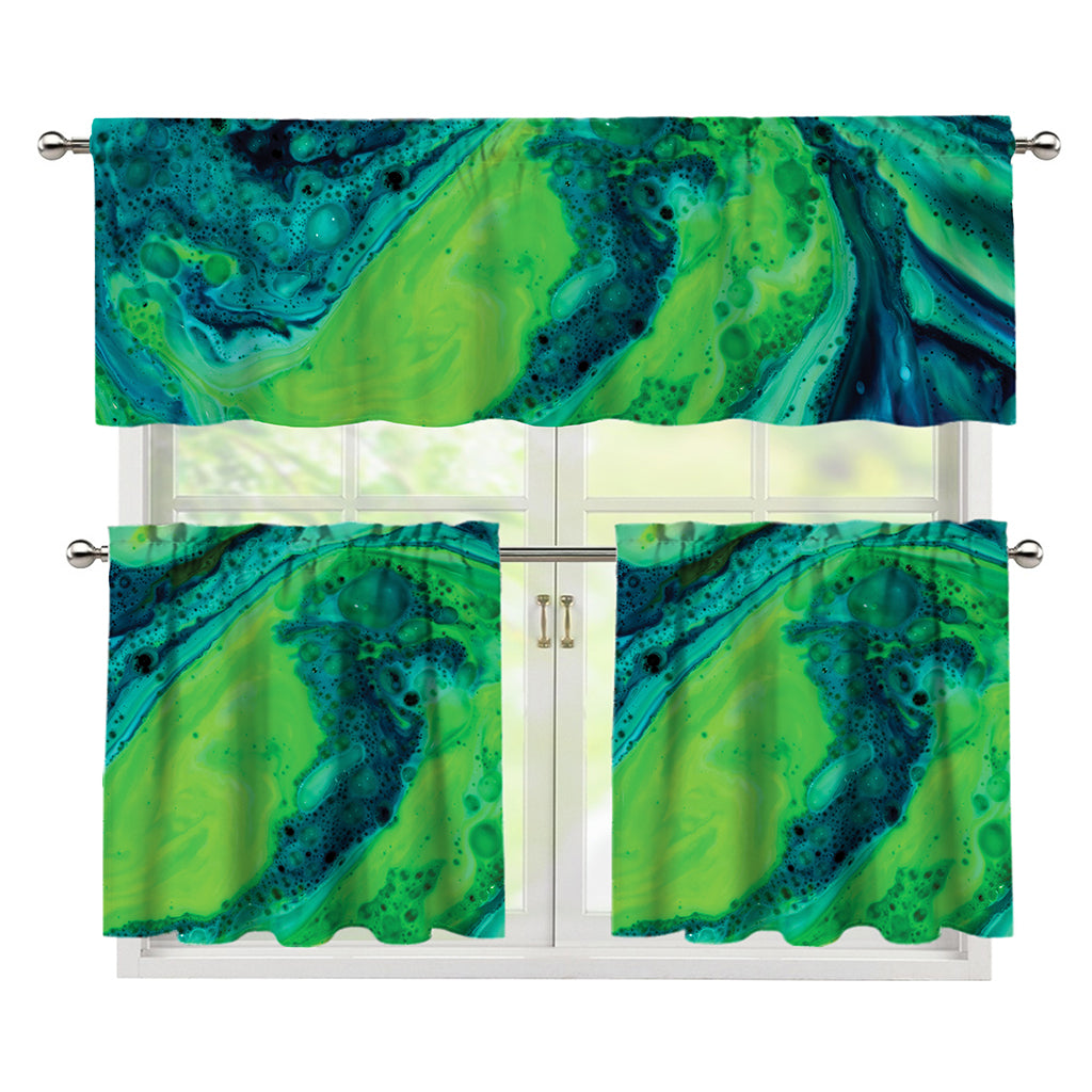 Turquoise And Green Acid Melt Print 3 Piece Kitchen Curtains