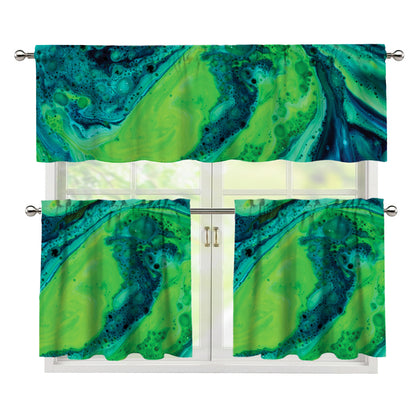 Turquoise And Green Acid Melt Print 3 Piece Kitchen Curtains