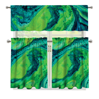 Turquoise And Green Acid Melt Print 3 Piece Kitchen Curtains