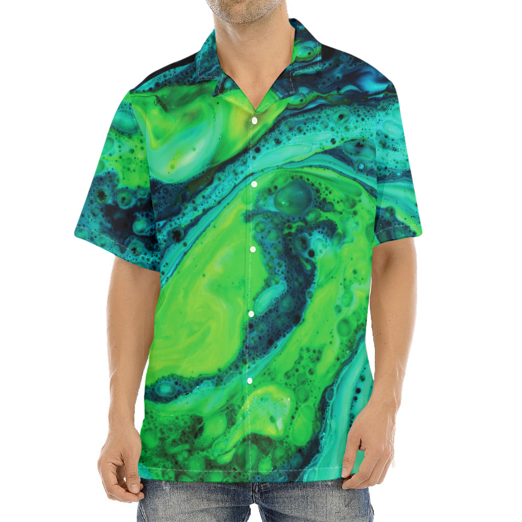 Turquoise And Green Acid Melt Print Aloha Shirt