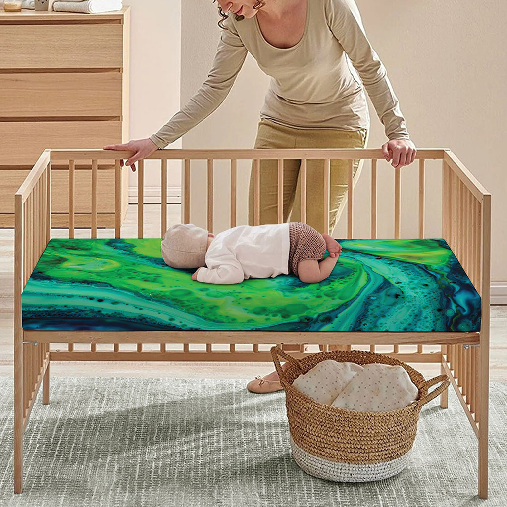 Turquoise And Green Acid Melt Print Baby Crib Sheet