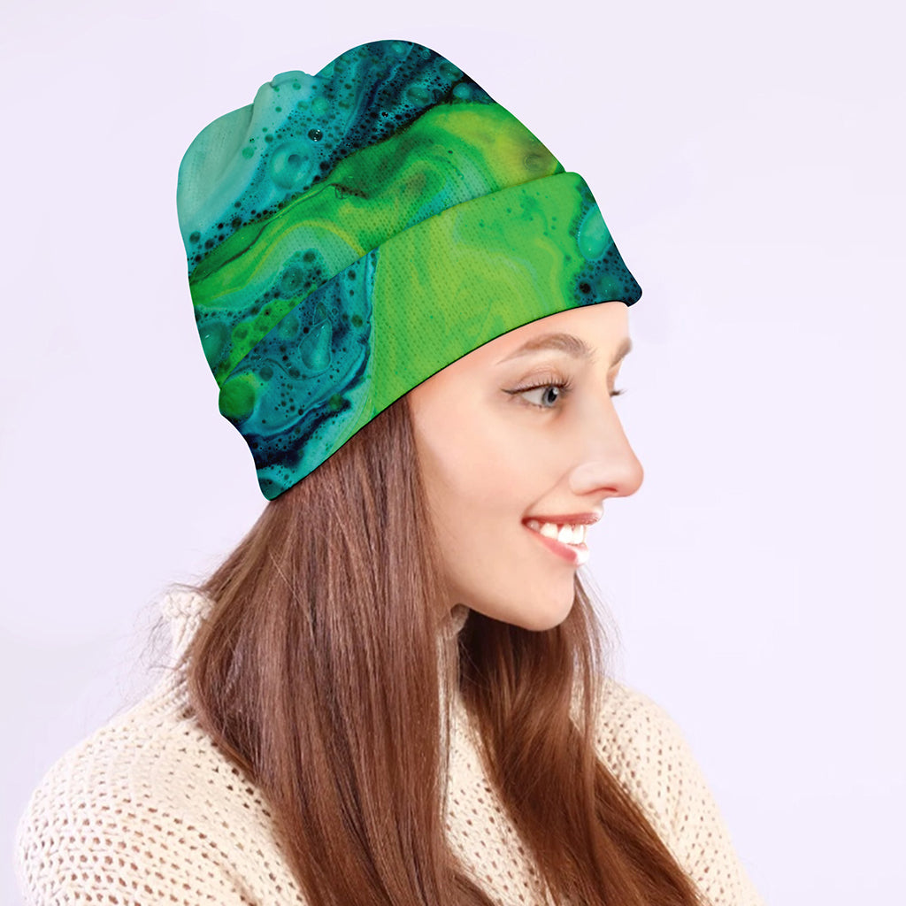 Turquoise And Green Acid Melt Print Beanie