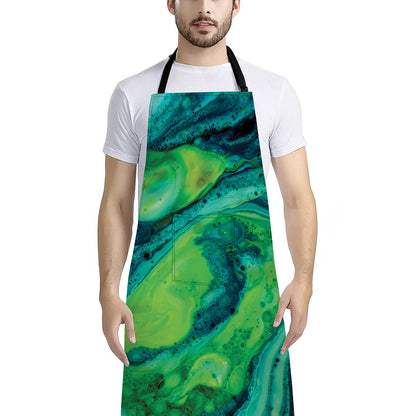 Turquoise And Green Acid Melt Print Bib Apron With Pocket