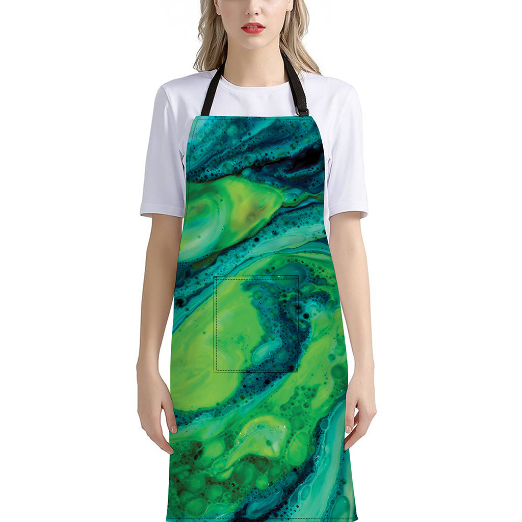 Turquoise And Green Acid Melt Print Bib Apron With Pocket