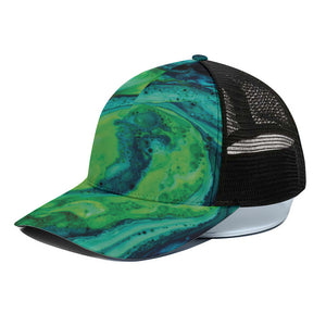 Turquoise And Green Acid Melt Print Black Mesh Trucker Cap