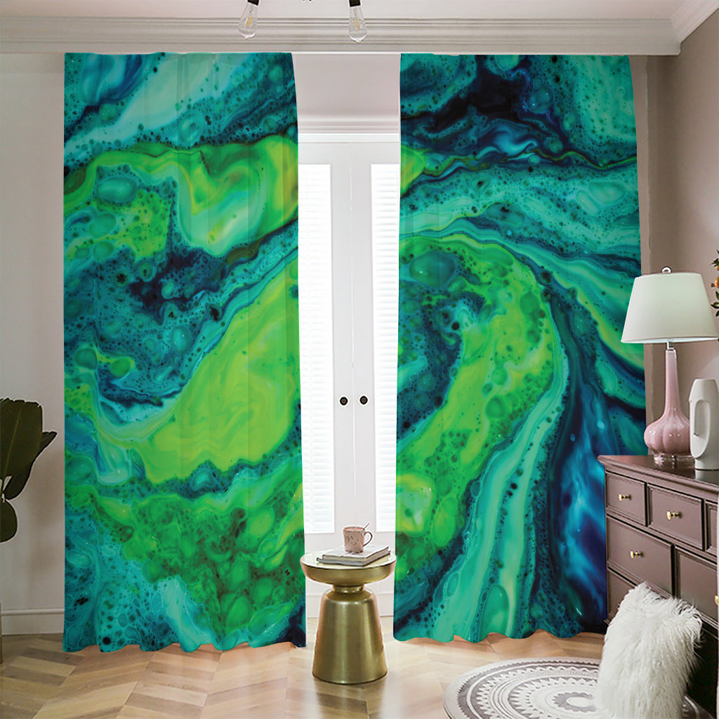 Turquoise And Green Acid Melt Print Blackout Pencil Pleat Curtains