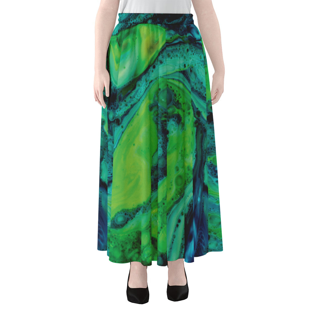 Turquoise And Green Acid Melt Print Chiffon Maxi Skirt