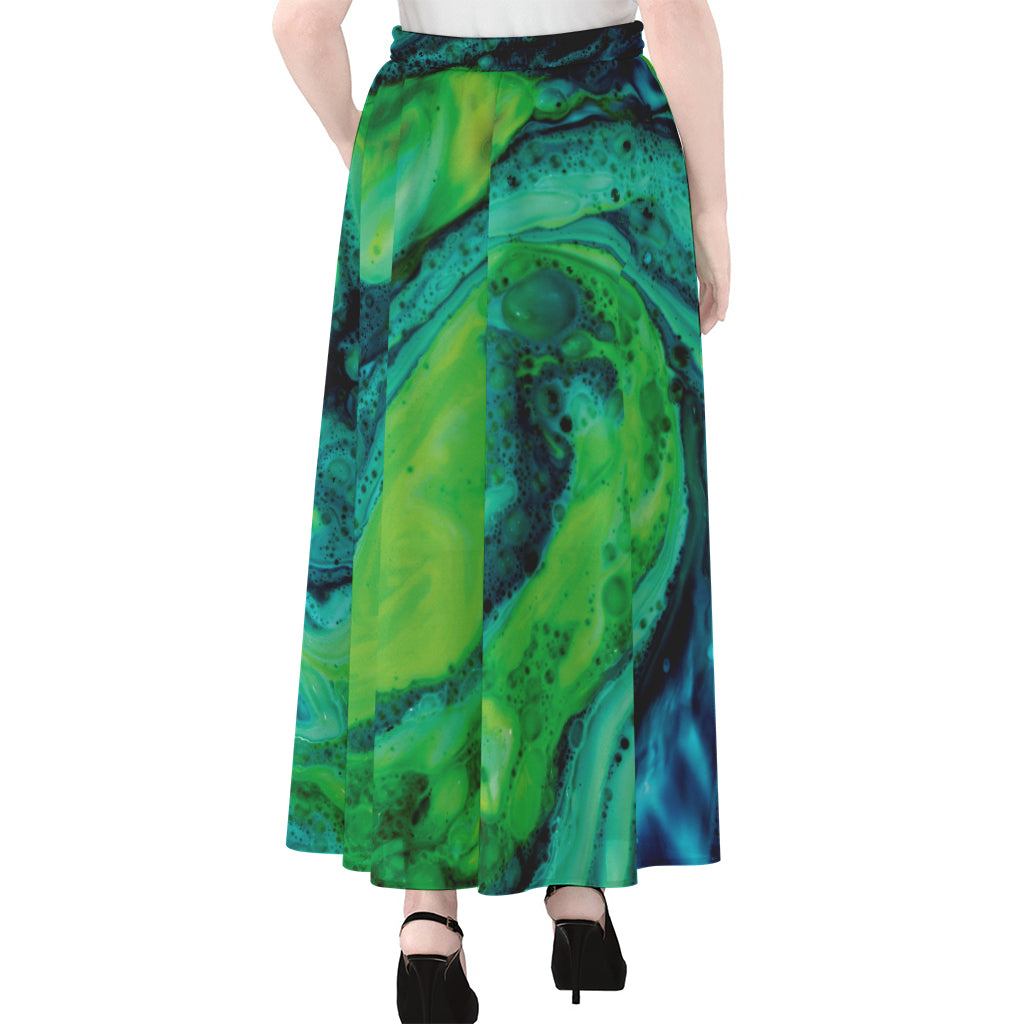 Turquoise And Green Acid Melt Print Chiffon Maxi Skirt