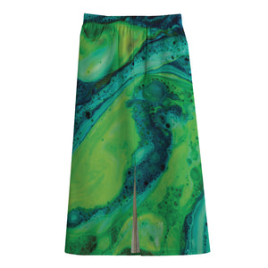 Turquoise And Green Acid Melt Print Cotton Front Slit Maxi Skirt