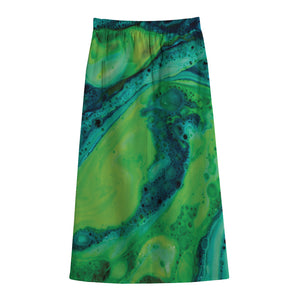 Turquoise And Green Acid Melt Print Cotton Front Slit Maxi Skirt