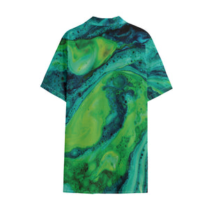 Turquoise And Green Acid Melt Print Cotton Hawaiian Shirt