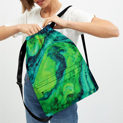 Turquoise And Green Acid Melt Print Drawstring Backpack