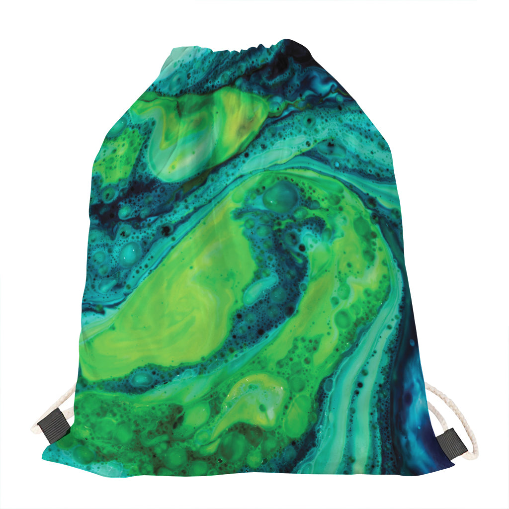 Turquoise And Green Acid Melt Print Drawstring Bag