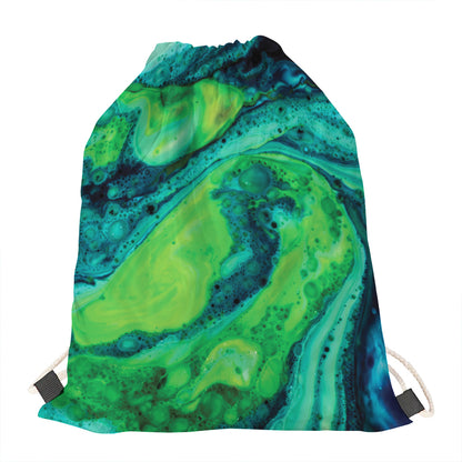 Turquoise And Green Acid Melt Print Drawstring Bag