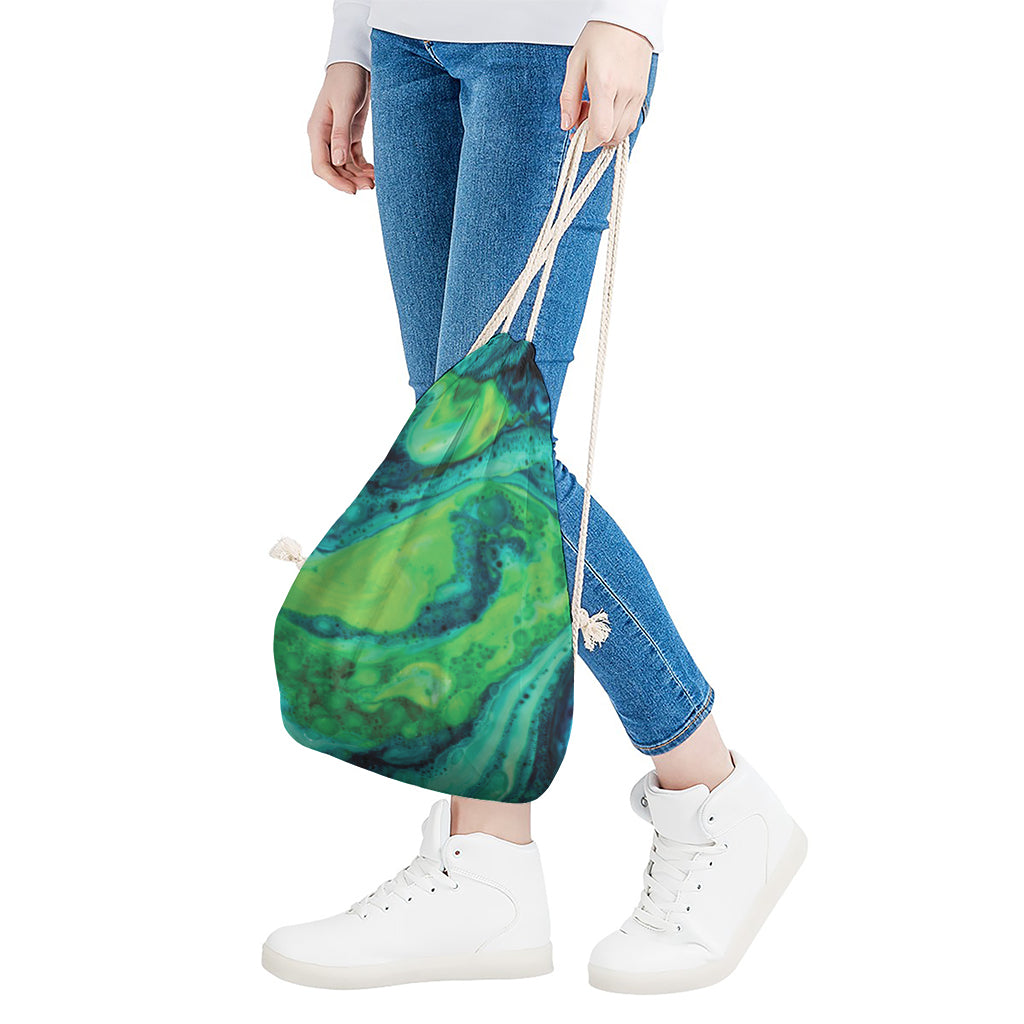 Turquoise And Green Acid Melt Print Drawstring Bag