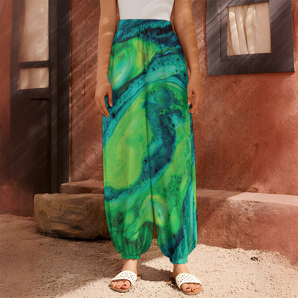 Turquoise And Green Acid Melt Print Harem Pants