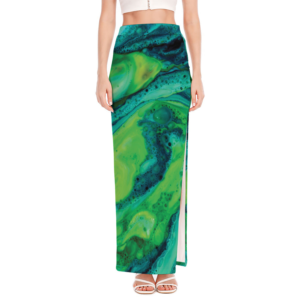 Turquoise And Green Acid Melt Print High Slit Maxi Skirt