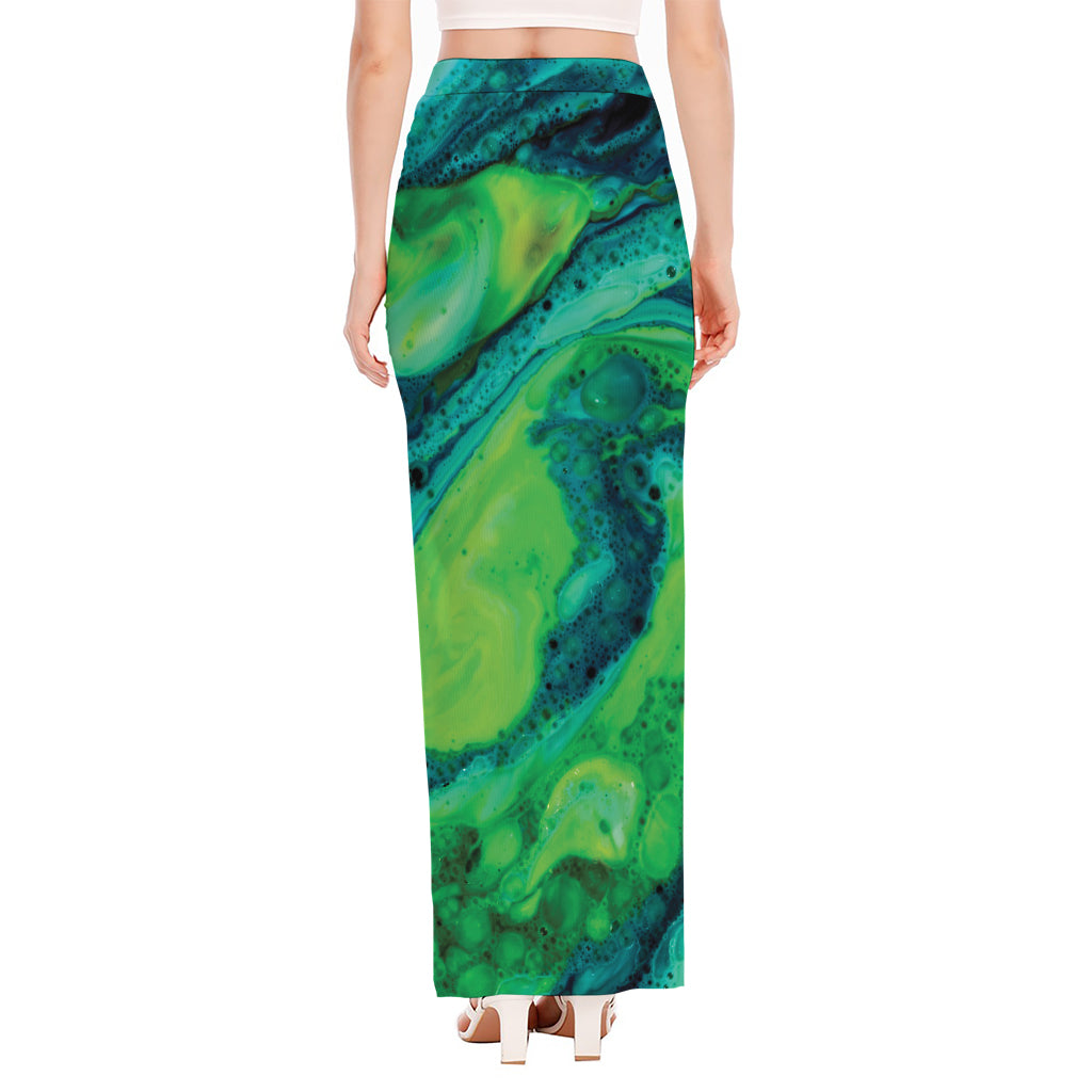 Turquoise And Green Acid Melt Print High Slit Maxi Skirt