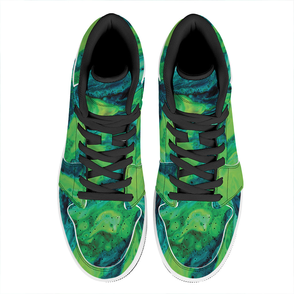 Turquoise And Green Acid Melt Print High Top Leather Sneakers