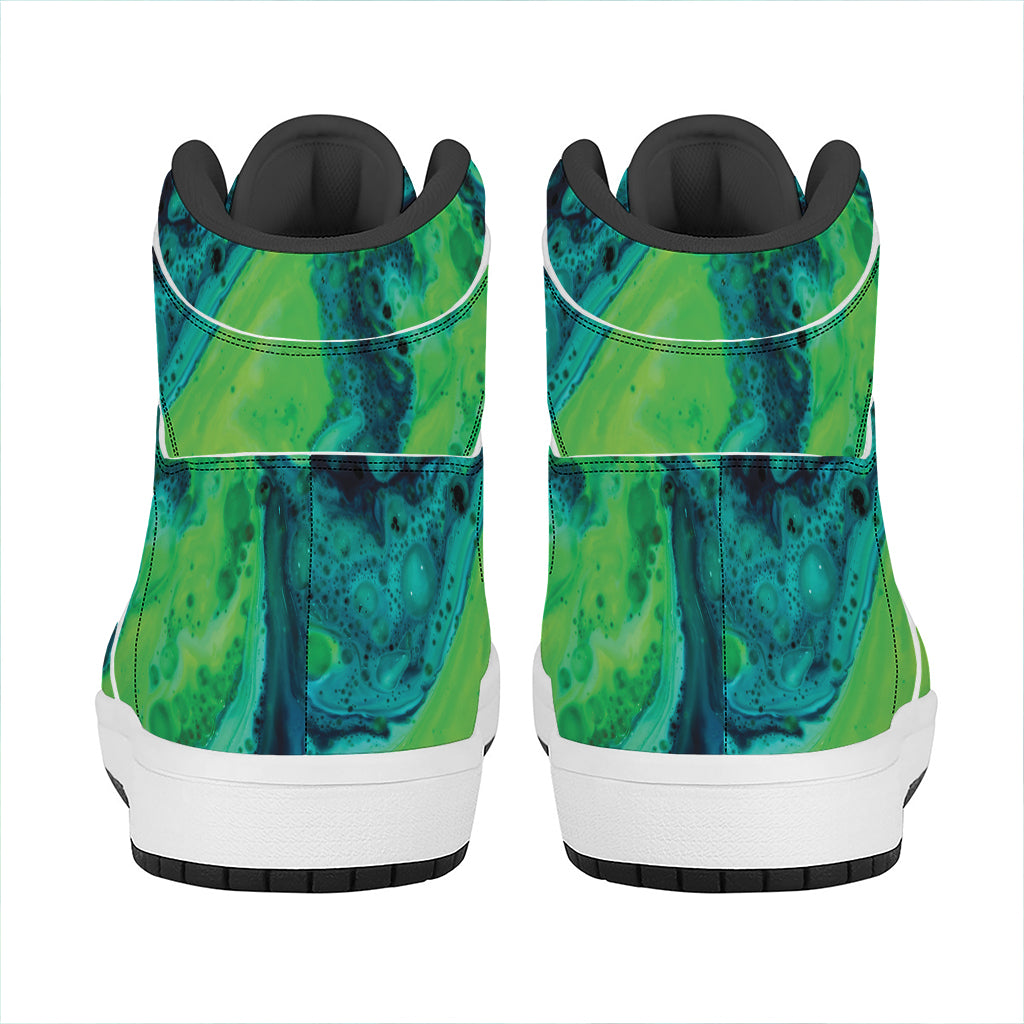 Turquoise And Green Acid Melt Print High Top Leather Sneakers