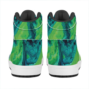 Turquoise And Green Acid Melt Print High Top Leather Sneakers