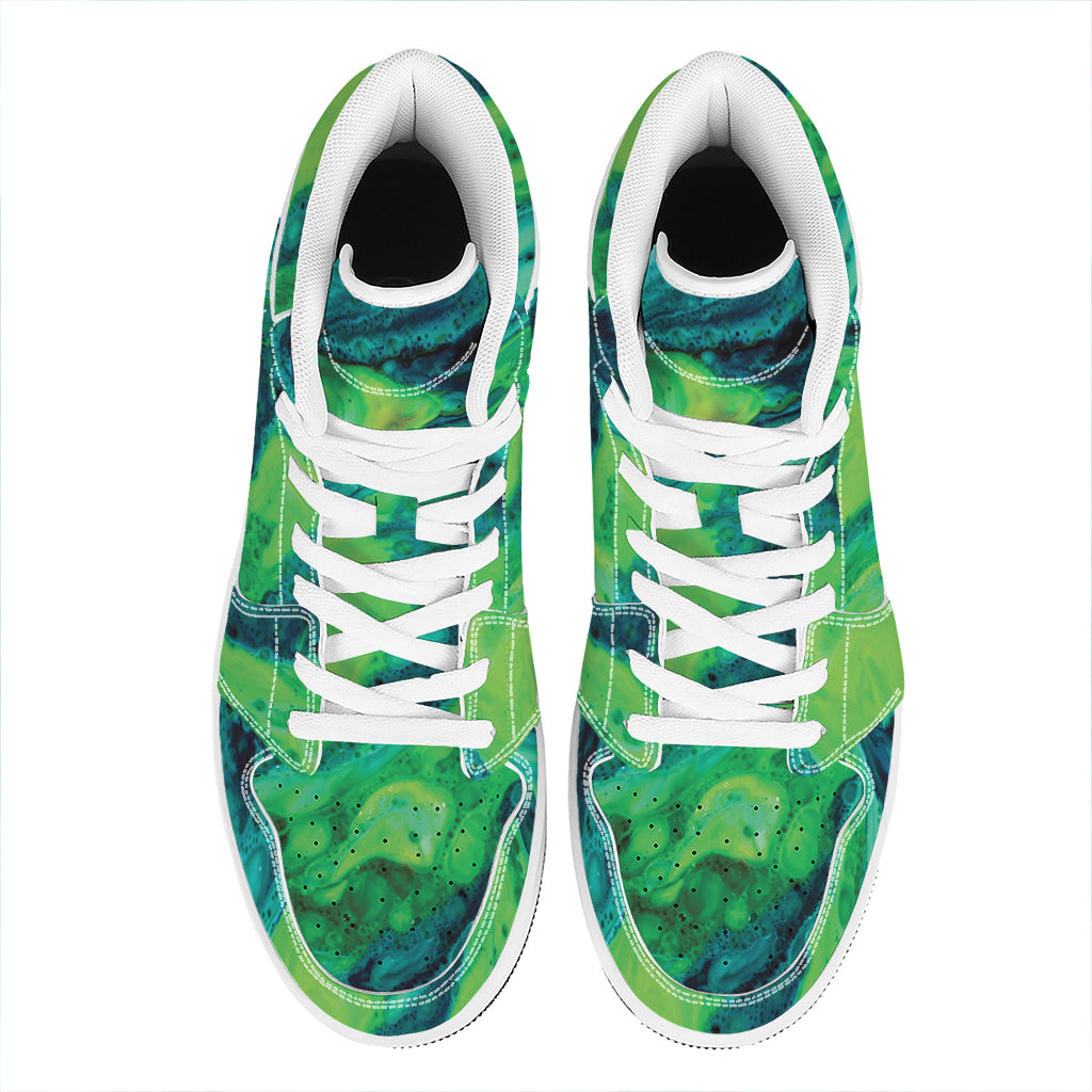 Turquoise And Green Acid Melt Print High Top Leather Sneakers