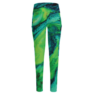 Turquoise And Green Acid Melt Print High-Waisted Pocket Leggings