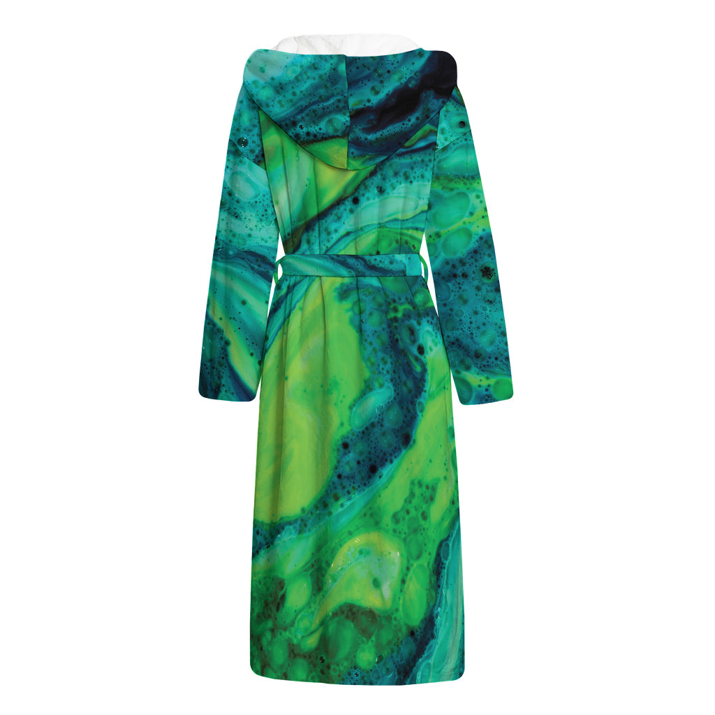 Turquoise And Green Acid Melt Print Hooded Bathrobe