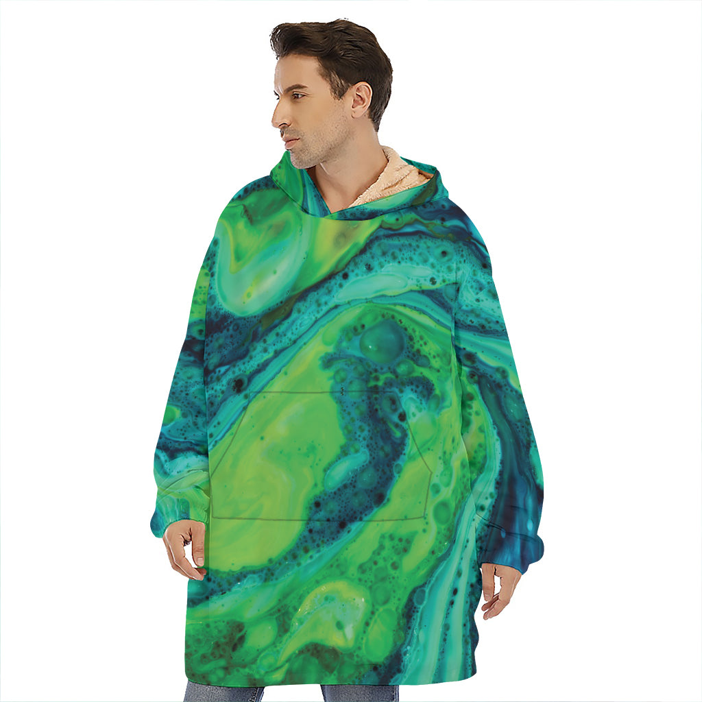 Turquoise And Green Acid Melt Print Hoodie Blanket