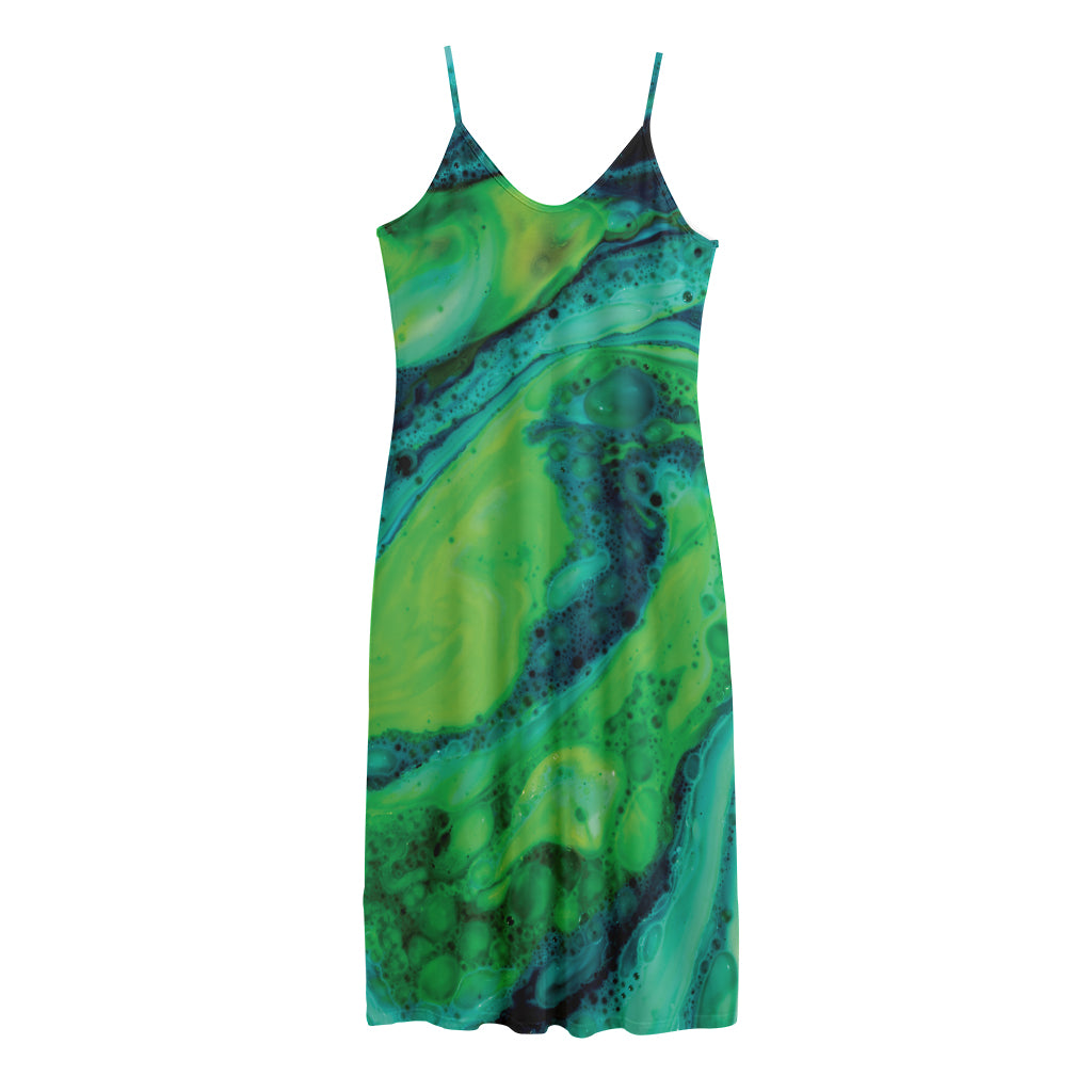 Turquoise And Green Acid Melt Print Jersey Midi Cami Dress