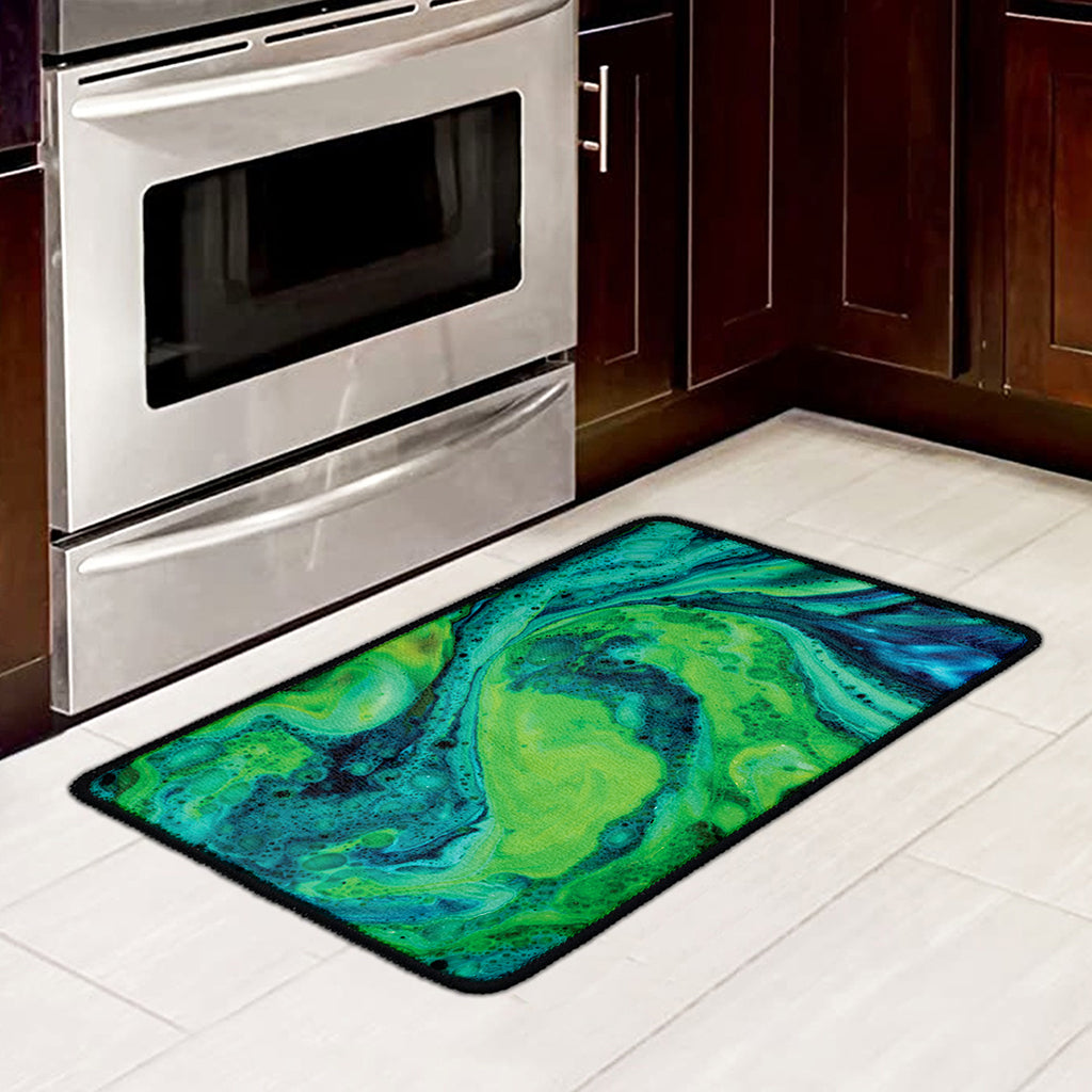 Turquoise And Green Acid Melt Print Kitchen Mat