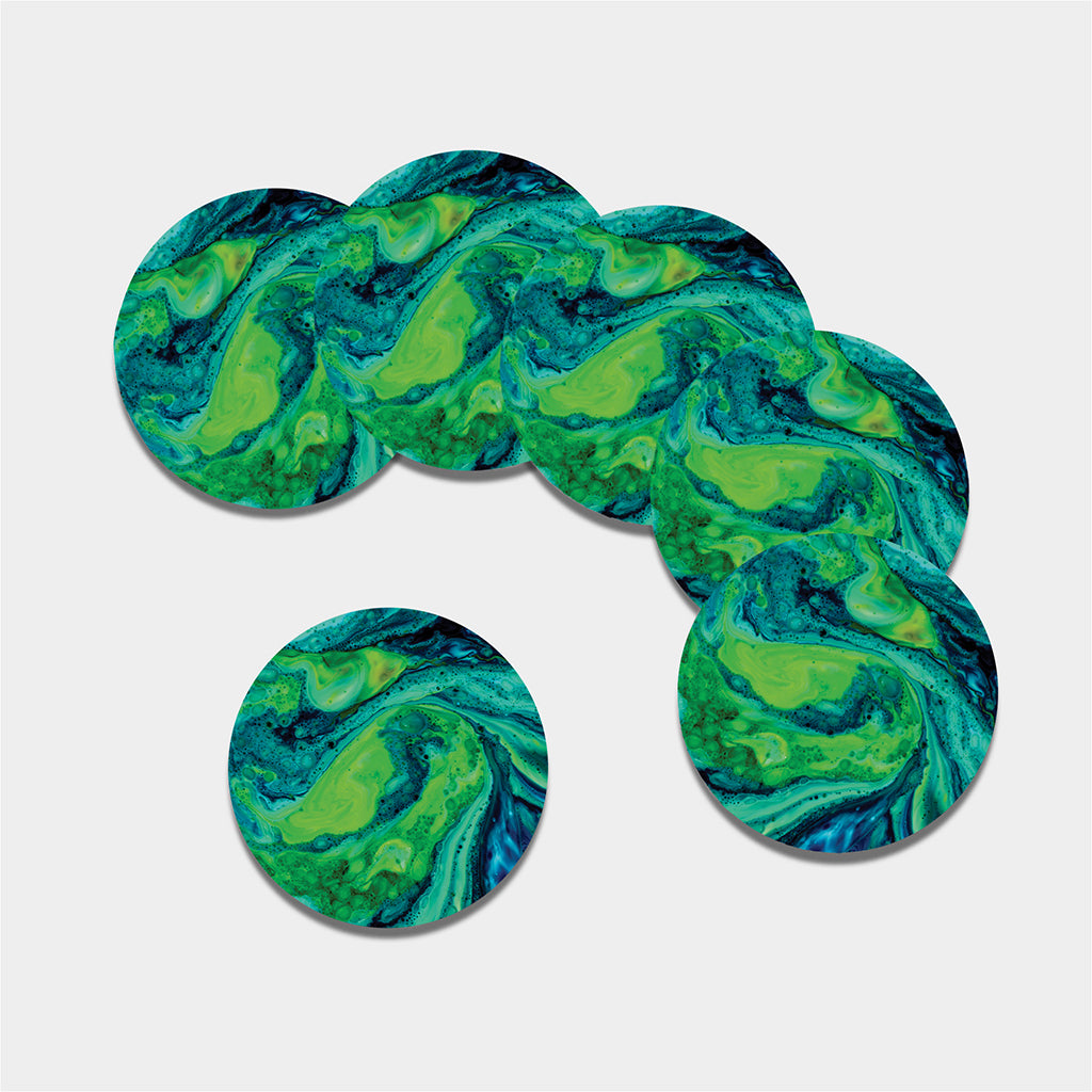 Turquoise And Green Acid Melt Print Leather Coaster Set