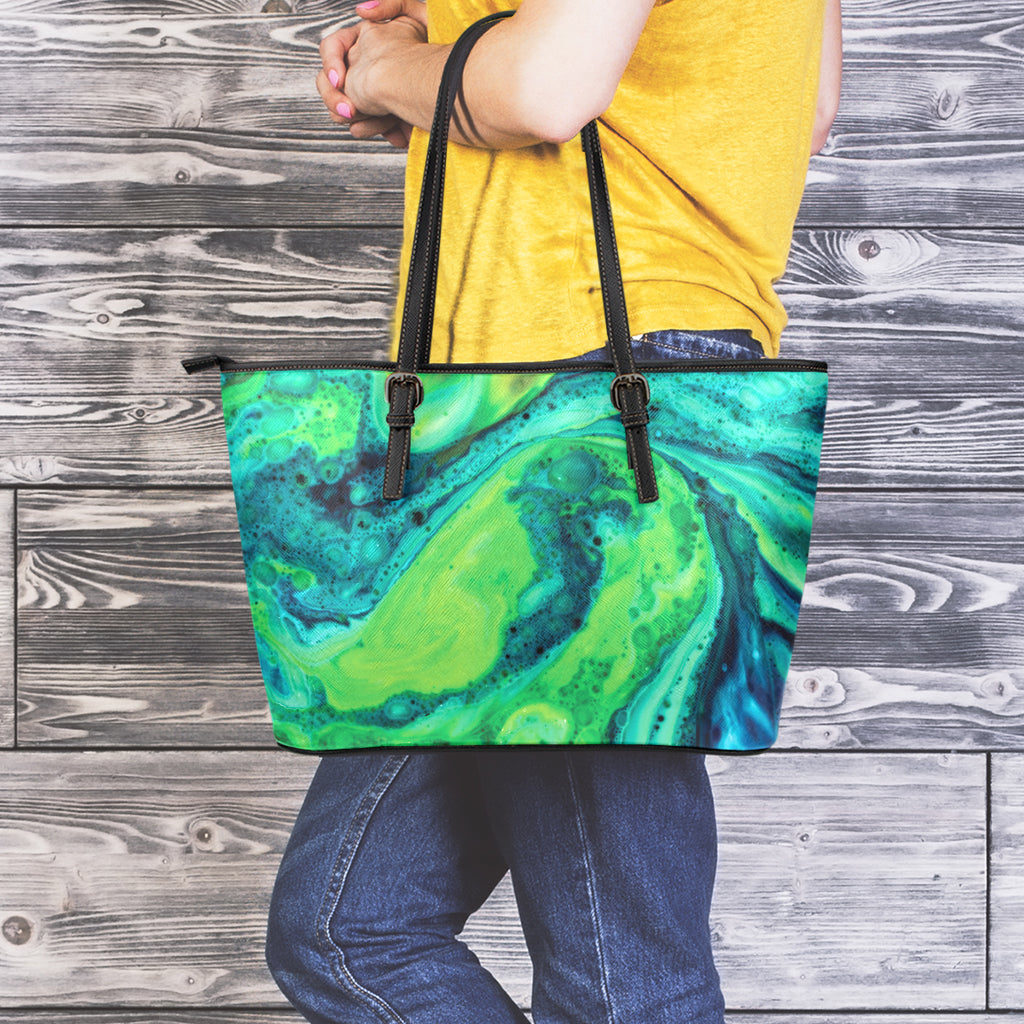 Turquoise And Green Acid Melt Print Leather Tote Bag