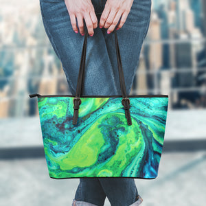 Turquoise And Green Acid Melt Print Leather Tote Bag