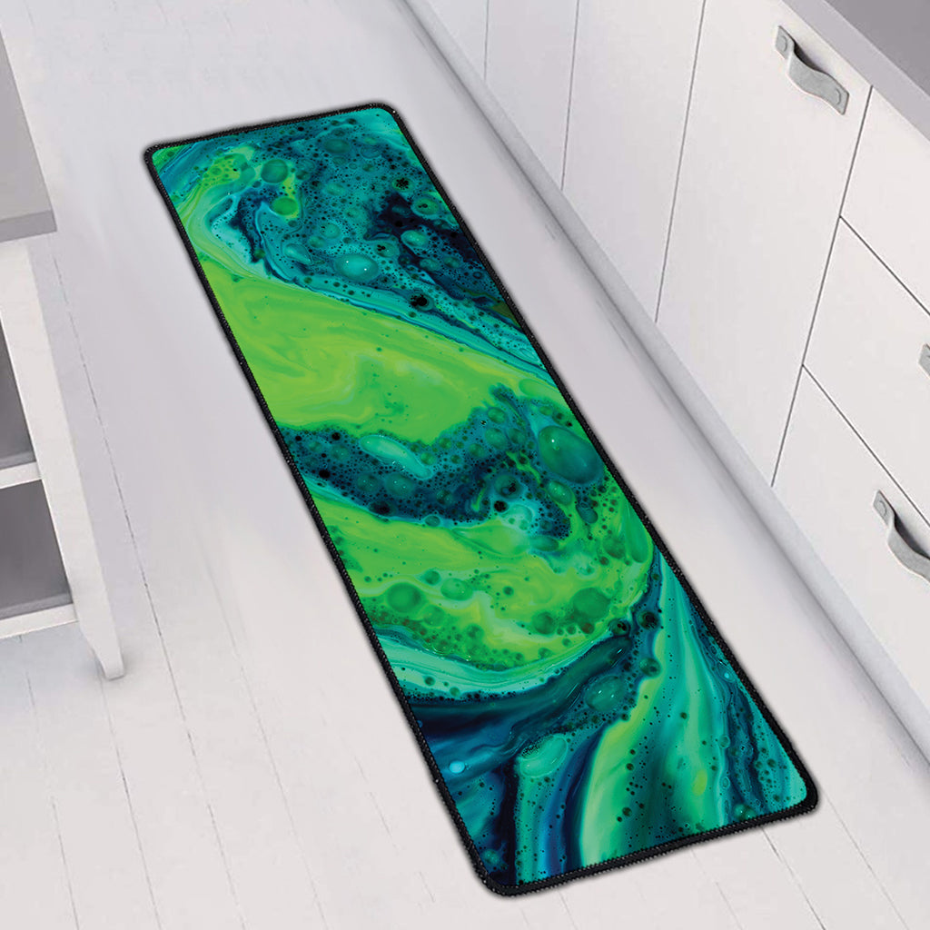 Turquoise And Green Acid Melt Print Long Kitchen Mat