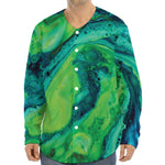 Turquoise And Green Acid Melt Print Long Sleeve Baseball Jersey