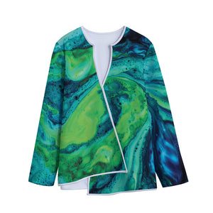 Turquoise And Green Acid Melt Print Long Sleeve Short Coat