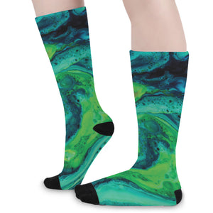 Turquoise And Green Acid Melt Print Long Socks