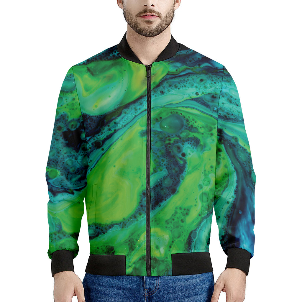 Turquoise And Green Acid Melt Print Men's Bomber Jacket