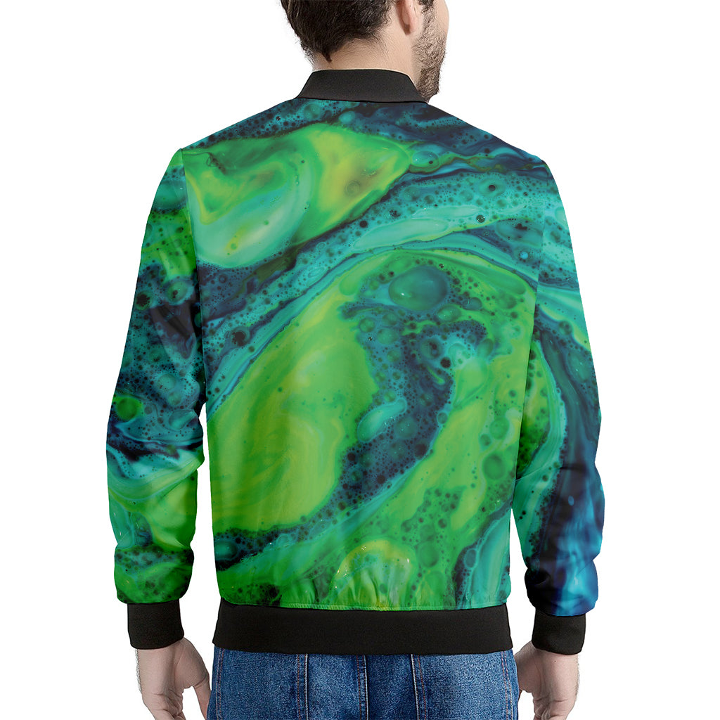 Turquoise And Green Acid Melt Print Men's Bomber Jacket