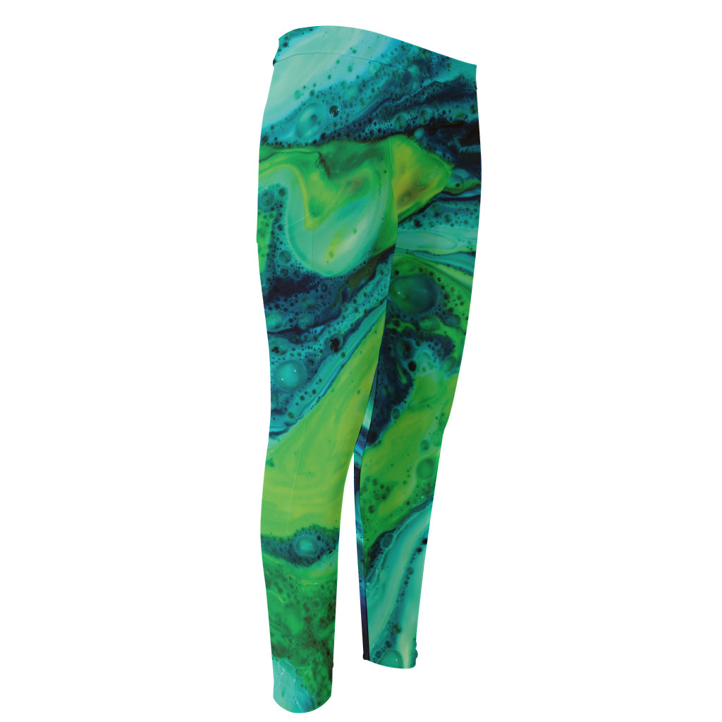 Turquoise And Green Acid Melt Print Men's Compression Pants