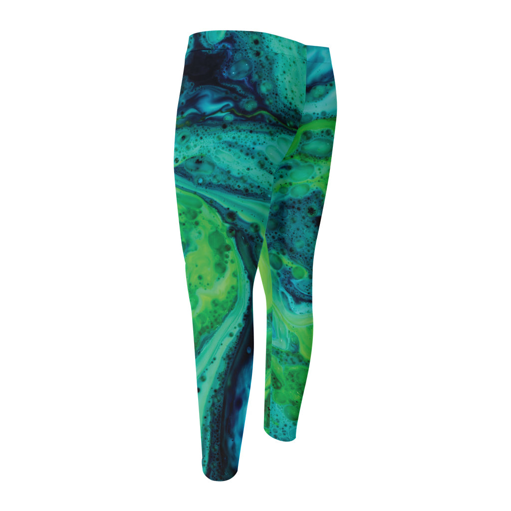 Turquoise And Green Acid Melt Print Men's Compression Pants