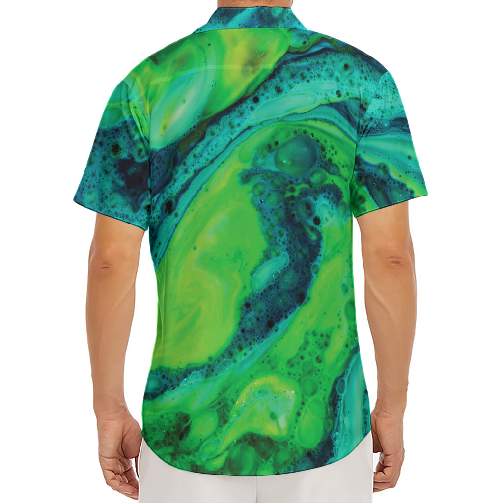 Turquoise And Green Acid Melt Print Men's Deep V-Neck Shirt