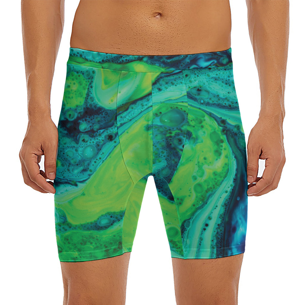 Turquoise And Green Acid Melt Print Men's Long Boxer Briefs