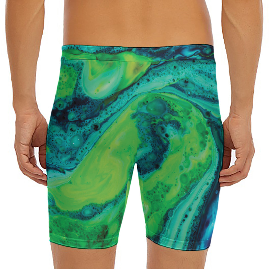 Turquoise And Green Acid Melt Print Men's Long Boxer Briefs