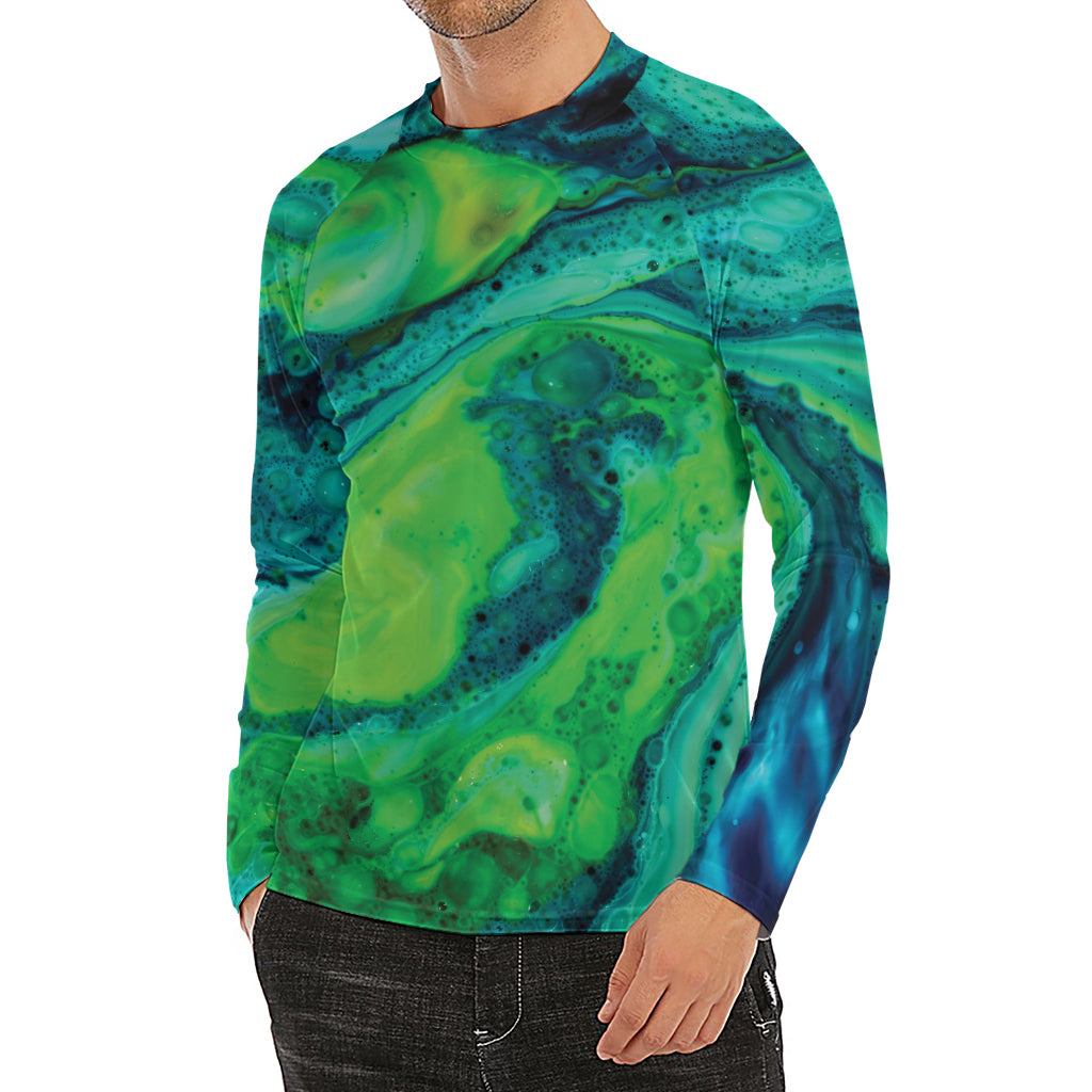 Turquoise And Green Acid Melt Print Men's Long Sleeve Rash Guard