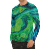 Turquoise And Green Acid Melt Print Men's Long Sleeve Rash Guard