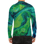 Turquoise And Green Acid Melt Print Men's Long Sleeve Rash Guard