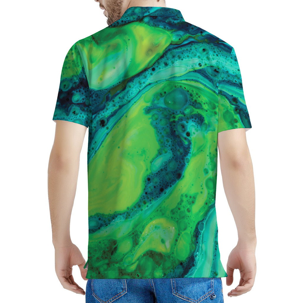 Turquoise And Green Acid Melt Print Men's Polo Shirt