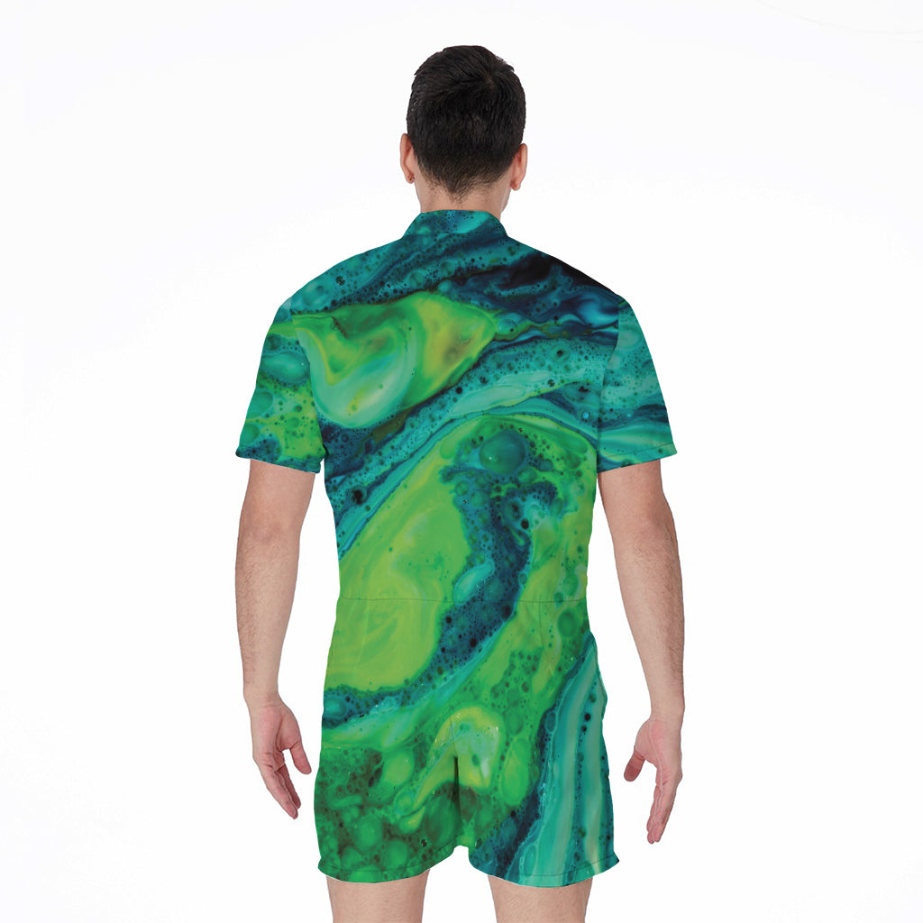 Turquoise And Green Acid Melt Print Men's Rompers